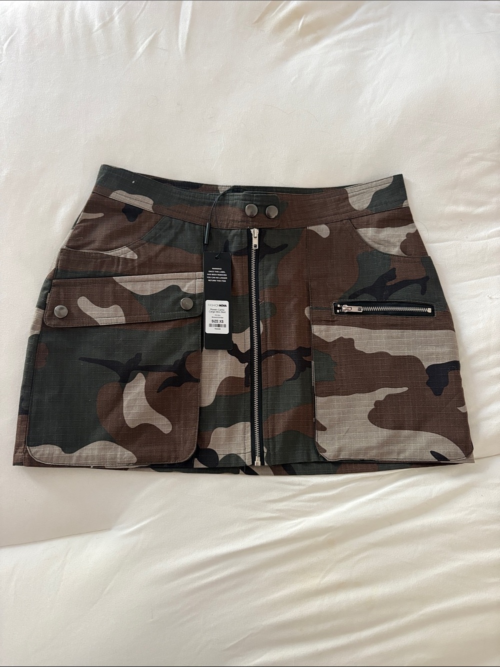 Fashion Nova Brown Camo Zip-Front Mini Skirt